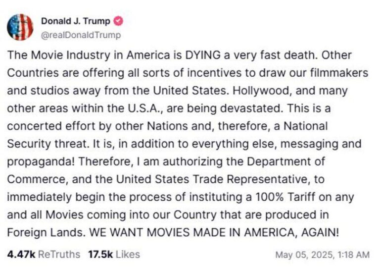 Trump tariffs: US president says foreign movies may be hit with 100% levies – BBC