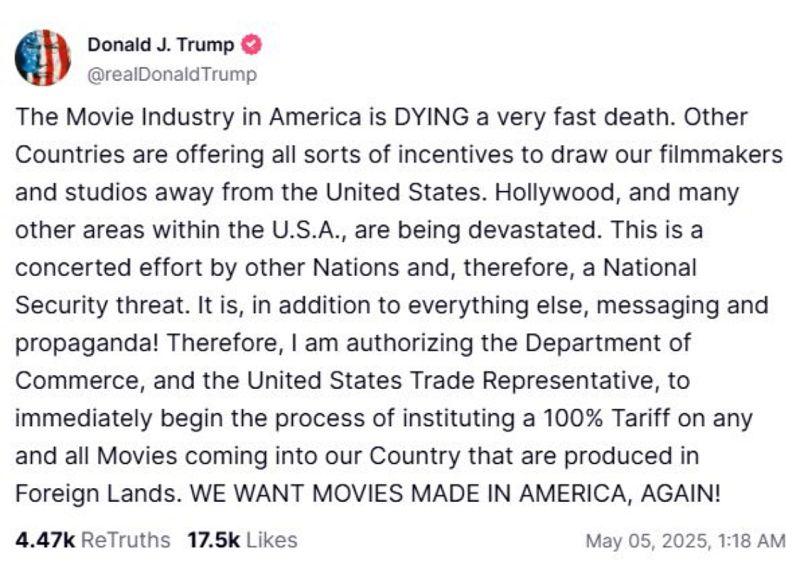 Trump tariffs: US president says foreign movies may be hit with 100% levies – BBC